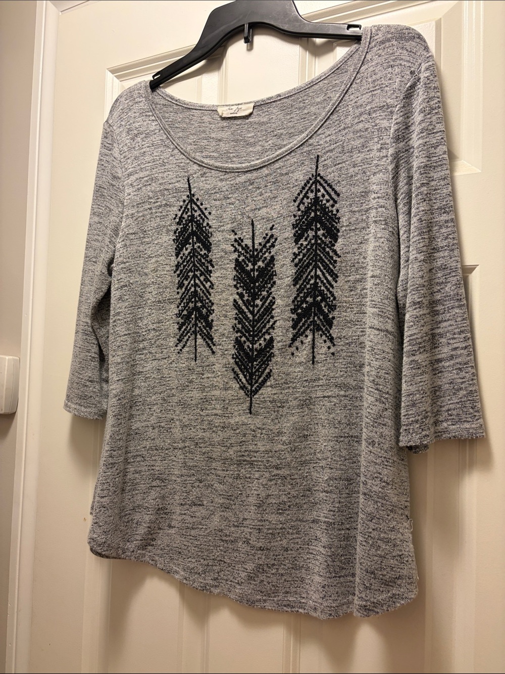 Heather Gray 3/4 sleeve  black beaded feather motifs